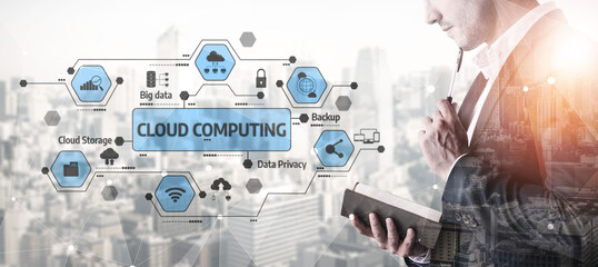 Business professional analyzing cloud computing concepts with digital icons over a city skyline, highlighting innovation in technology and data management. Tessel