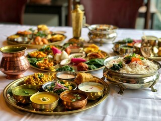 Fototapeta premium Traditional Indian Cuisine Platter with Curries, Rice, and Accompaniments