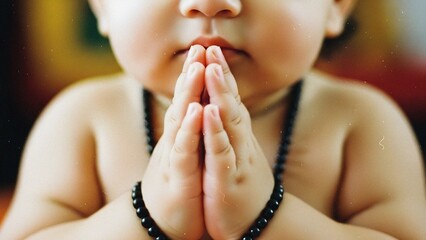 An adorable baby with hands pressed together in a heartfelt prayer or namaste gesture, symbolizing innocence, hope, and spirituality.