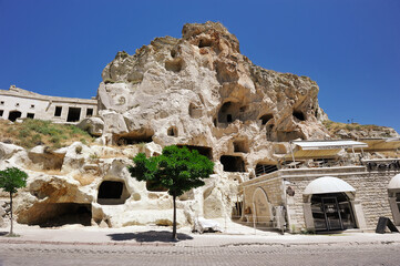 houses cut into the rocks in Cappadocia, Turkey