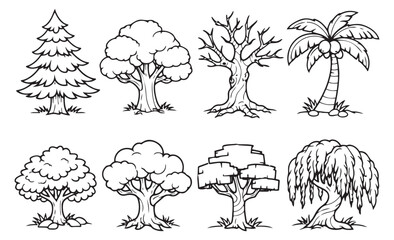 Hand drawn line art tree set featuring various cartoon tree types for nature game design