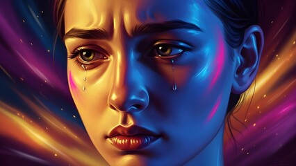 A close-up of a distressed woman's face, illuminated by contrasting warm and cool neon lights, with tears streaming down her cheeks against a vibrant abstract background.