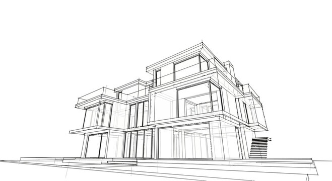 A detailed architectural sketch of a modern building with columns and windows