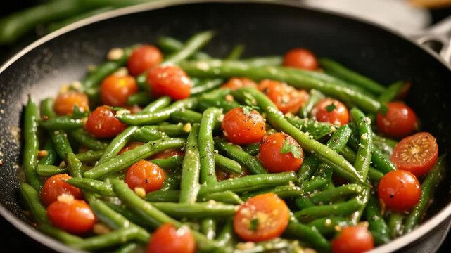 Delicious and nutritious green beans cooked with fresh tomatoes, seasoned with herbs and served in a pan for a vibrant meal.