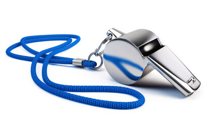 Metal whistle with blue cord isolated on white background