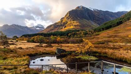 Snowy peaks, autumn forest, reflective pond, and wooden fence under a partly cloudy sky.