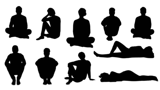 Silhouettes of people in various sitting, squatting, and reclining positions on a white background
