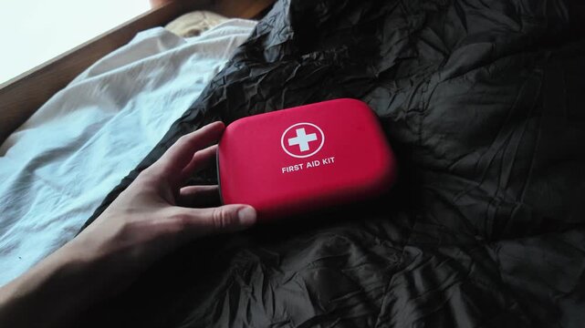 Emergency Kit Nearby, Red Emergency Pouch Placed Inside Cabin Near Window For Safety, Portable First Aid Container On Sleeping Area Inside Cabin With Nearby Medical Essentials And Supplies