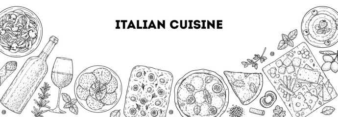 Italian cuisine top view frame. Italian food. Vector drawing illustration. Set of sketches of Italian dishes. Food menu design template. Not AI generated.