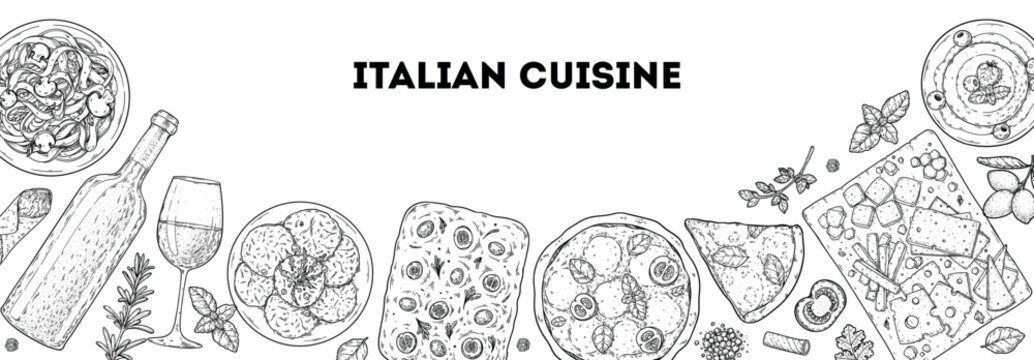 Italian cuisine top view frame. Italian food. Vector drawing illustration. Set of sketches of Italian dishes. Food menu design template. Not AI generated.