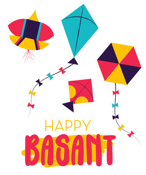 Basant Festival Vector Art Colorful Kites Flying for Happy Basant, Traditional South Asian Spring Festival Illustration
