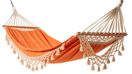 Vibrant orange hammock with intricate macrame details