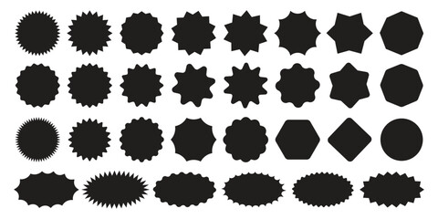 Set of circles with zigzag edges, Sunburst sticker shapes, Rounded starburst zigzag, circle shapes & star shapes offer price tag, discount, sale label, stickers, Star or sunburst silhouettes vector © Hike studio 333