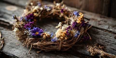 Rustic wreath with dried flowers and stems nature minimalist