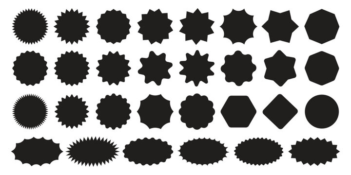 Set of circles with zigzag edges, Sunburst sticker shapes, Rounded starburst zigzag, circle shapes & star shapes offer price tag, discount, sale label, stickers, Star or sunburst silhouettes vector