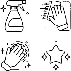 Black and white outline vector illustration of house cleaning symbols with spray, wiping hand, foam and sparkle. Ideal for cleaning services, apps and instructional graphics.