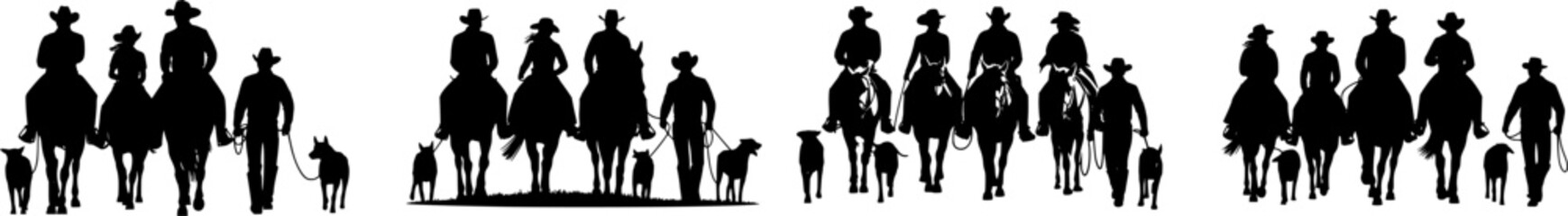 Vector silhouettes of cowboys walking with horses and dogs. Western ranch scene with people in hats and animals, ideal for country, rodeo and western themed designs.