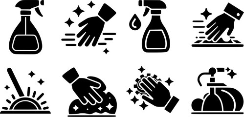 Silhouette black vector icon set of cleaning actions and tools including spray bottles, wiping hands, scrubbing and washing. Ideal for housekeeping, hygiene and service design.