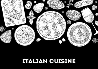 Italian cuisine top view frame. Italian food. Vector drawing illustration. Set of sketches of Italian dishes. Food menu design template. Not AI generated.