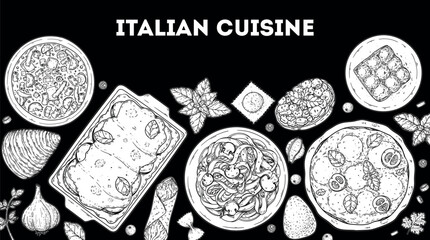 Italian cuisine top view frame. Italian food. Vector drawing illustration. Set of sketches of Italian dishes. Food menu design template. Not AI generated.