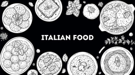 Italian cuisine top view frame. Italian food. Vector drawing illustration. Set of sketches of Italian dishes. Food menu design template. Not AI generated.