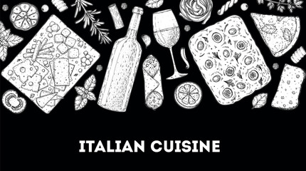 Italian cuisine top view frame. Italian food. Vector drawing illustration. Set of sketches of Italian dishes. Food menu design template. Not AI generated.