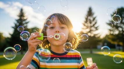 Young boy with curly hair blowing bubbles outdoors in a sunny park creating a cheerful childhood scene