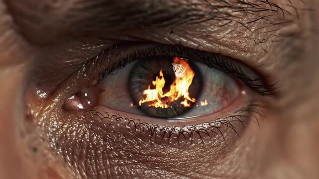 Close-up of human eye reflecting a burning fire, intense emotion, abstract concept
