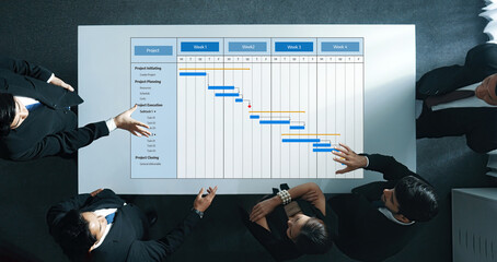 A dynamic scene of a team engaged in a project management meeting, utilizing a Gantt chart to strategize planning and execution timelines for improved collaboration and outcomes. Amity