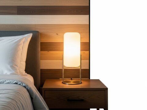 Modern table lamp on bedside table isolated on white background