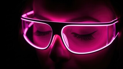 Close up of person wearing glowing pink neon outlined futuristic safety glasses or visor in complete darkness