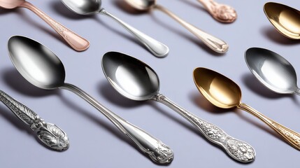 Elegant assortment of various spoons arranged in a stylish wallpaper pattern, showcasing intricate designs and finishes against a soft backdrop, perfect for culinary and decorative themes