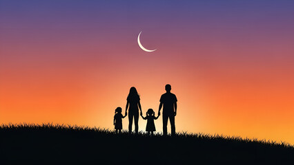Silhouette of happy family standing on a hill at sunset