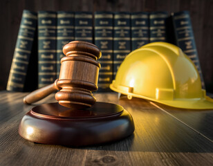 A gavel and yellow hard hat placed beside legal texts symbolize construction law, addressing issues related to building safety regulations and workers' rights, promoting justice within the constructio