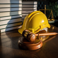 A gavel and yellow hard hat placed beside legal texts symbolize construction law, addressing issues related to building safety regulations and workers' rights, promoting justice within the constructio