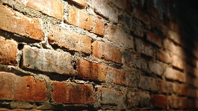 Ultra HD Old weathered red brick wall texture with rough mortar, rustic vintage background pattern with dramatic lighting and strong shadows video