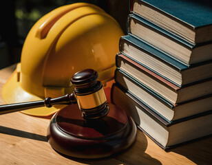 A gavel and yellow hard hat placed beside legal texts symbolize construction law, addressing issues related to building safety regulations and workers' rights, promoting justice within the constructio