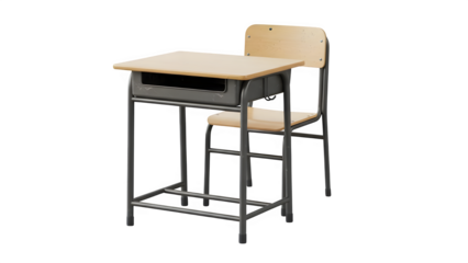 School desk and chair set with wooden top and metal frame for student learning isolated on transparent background