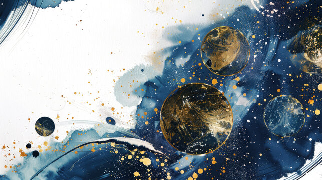 Abstract blue and gold watercolor cosmic background with planetary shapes and splashes