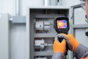 Worker conducts thermal inspection in electrical panel with infrared camera in industrial facility during daytime work hours