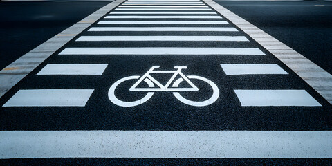 White bicycle symbol on grey asphalt minimalist composition