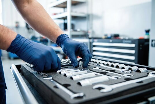 Worker organizing tools in a workshop during daylight hours at a mechanic's station for effective vehicle repairs and maintenance tasks - Powered by Adobe