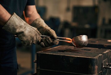 Worker uses tongs to lift molten metal from furnace during metalworking process in workshop