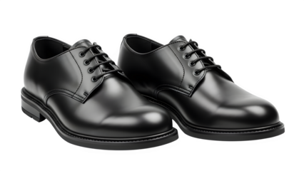 Pair of black leather oxford dress shoes for men, professional footwear isolated on transparent background