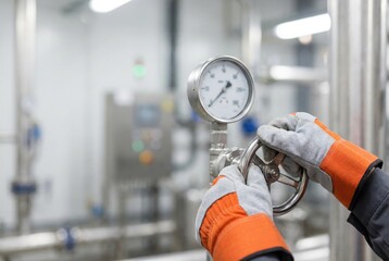 Worker operates a valve while monitoring pressure gauge in a factory setting during daytime