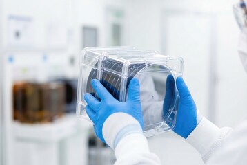 Scientist holds transparent container with petri dishes in laboratory setting during research process