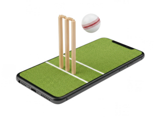 Virtual cricket setup on smartphone display isolated on transparent background