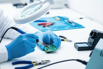 Technician works on circuit board in workshop while using soldering iron and magnifying lamp on a clear workbench with tools and equipment around