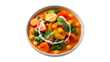 Delicious vegetarian chickpea and vegetable curry in a white bowl isolated on transparent background