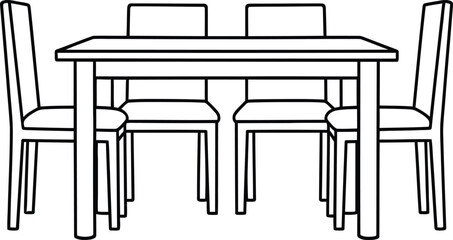 Black outline dining table with chairs simple interior furniture line art home decor Vector illustration
